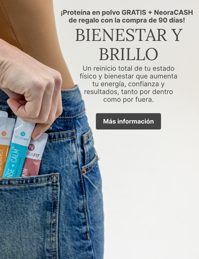 A woman holds three NeoraFit sachets to her chest. Accompanying text mentions you can learn more about a 90-Day Well-Being Glow-Up.